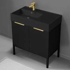 Black Bathroom Vanity, 32 inch, Modern, Matte Black, Free Standing, Gold Handles